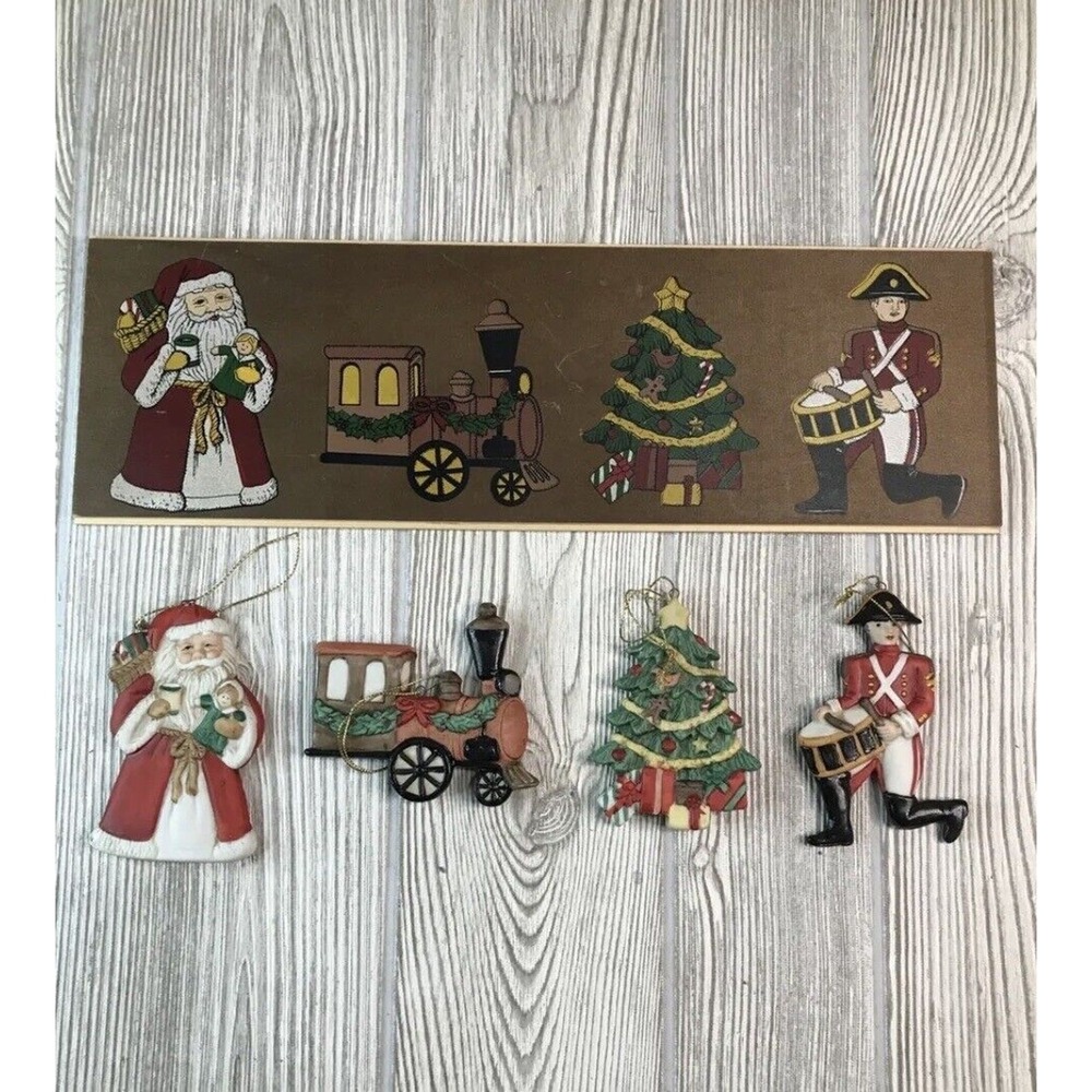 Hand Painted Christmas Tree Ornaments Wooden Box Ceramic Santa Wooden Vintage